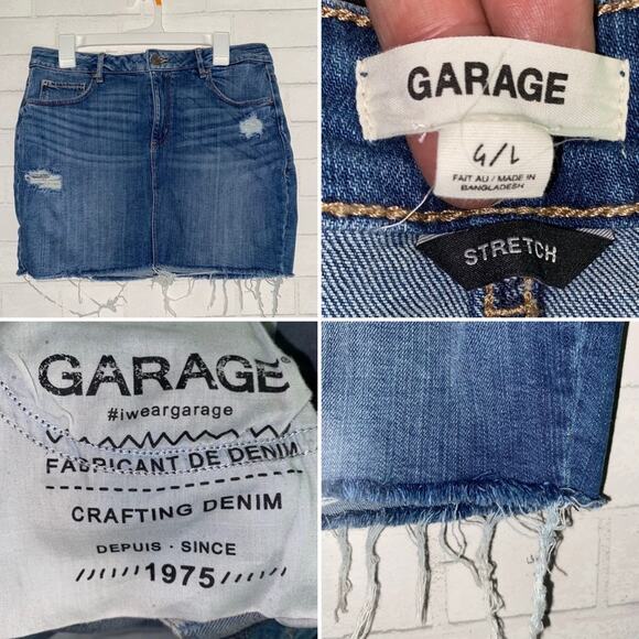 GARAGE $58 Distressed Stretch Denim Mini Skirt LG EUC - Picture 1 of 10